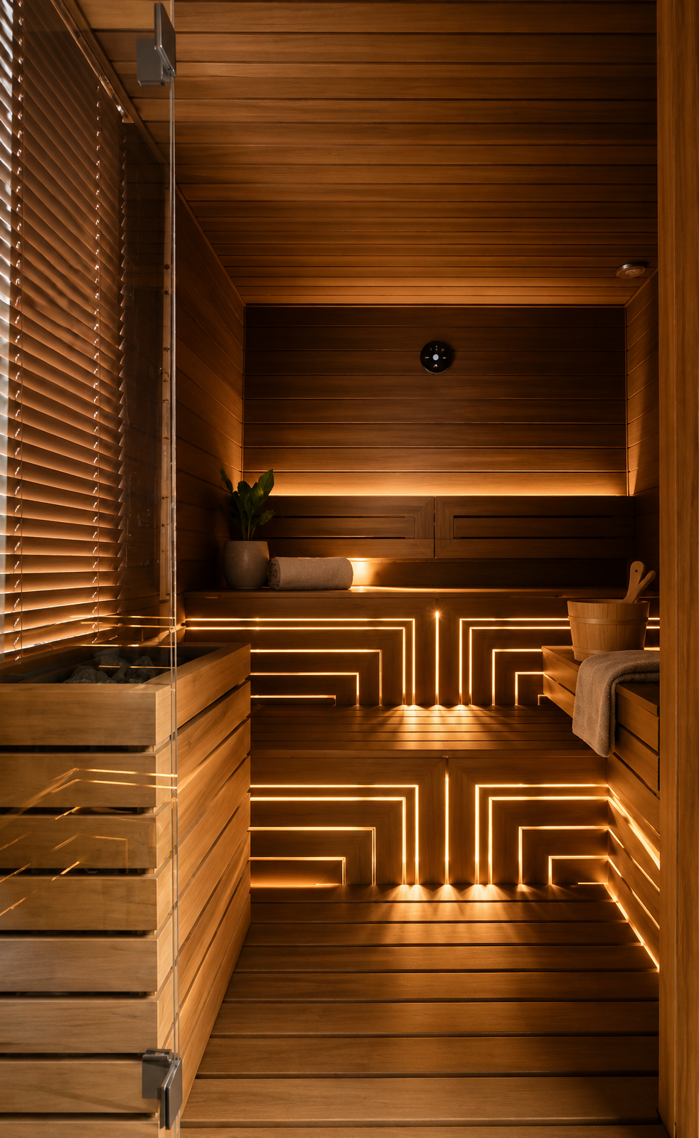 Premium sauna with warm wood and ambient lighting